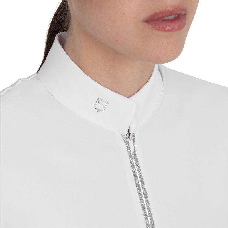 Equestro Polo da concorso donna manica corta con strass Bianco