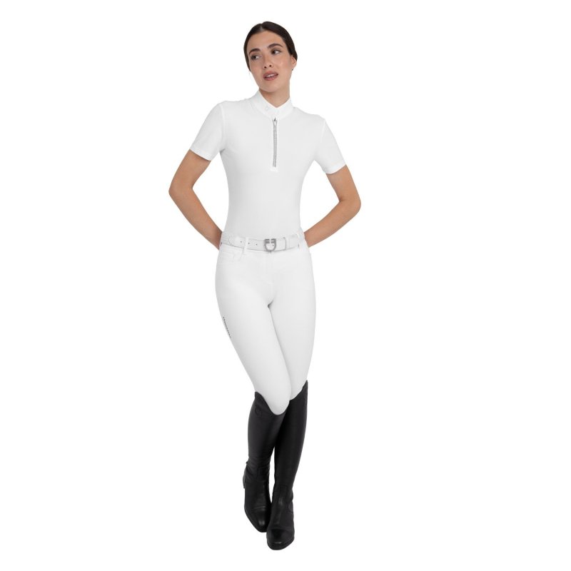 Equestro Polo da concorso donna manica corta con strass Bianco