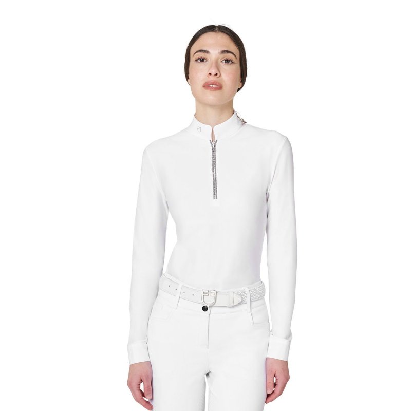 Equestro Polo da concorso da donna a manica lunga con strass Bianco