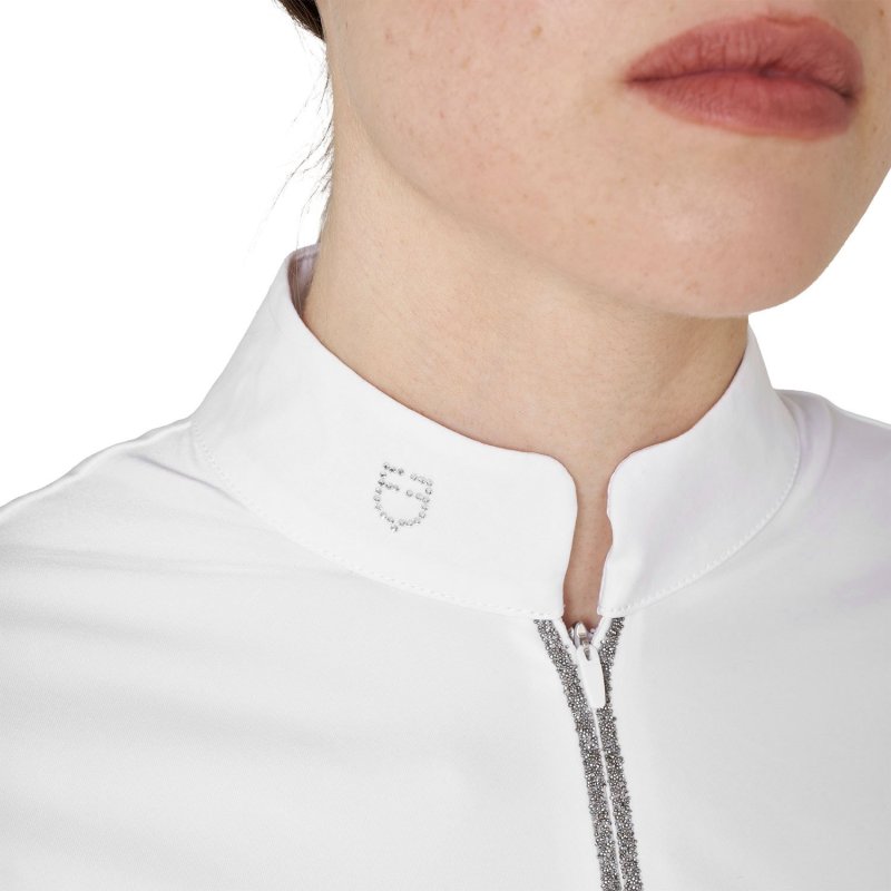 Equestro Polo da concorso da donna a manica lunga con strass Bianco