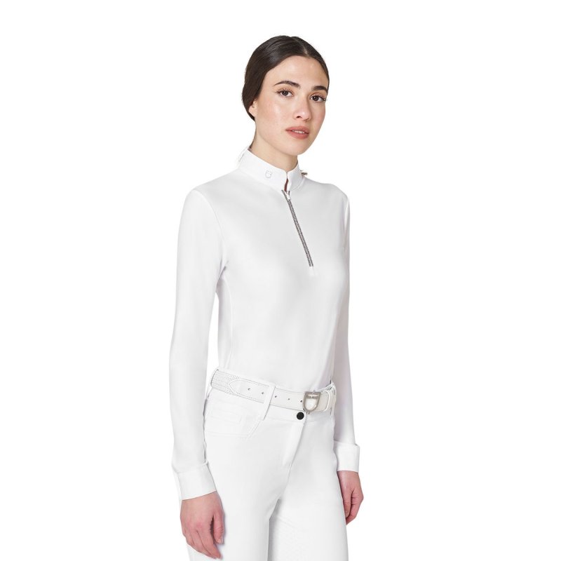 Equestro Polo da concorso da donna a manica lunga con strass Bianco