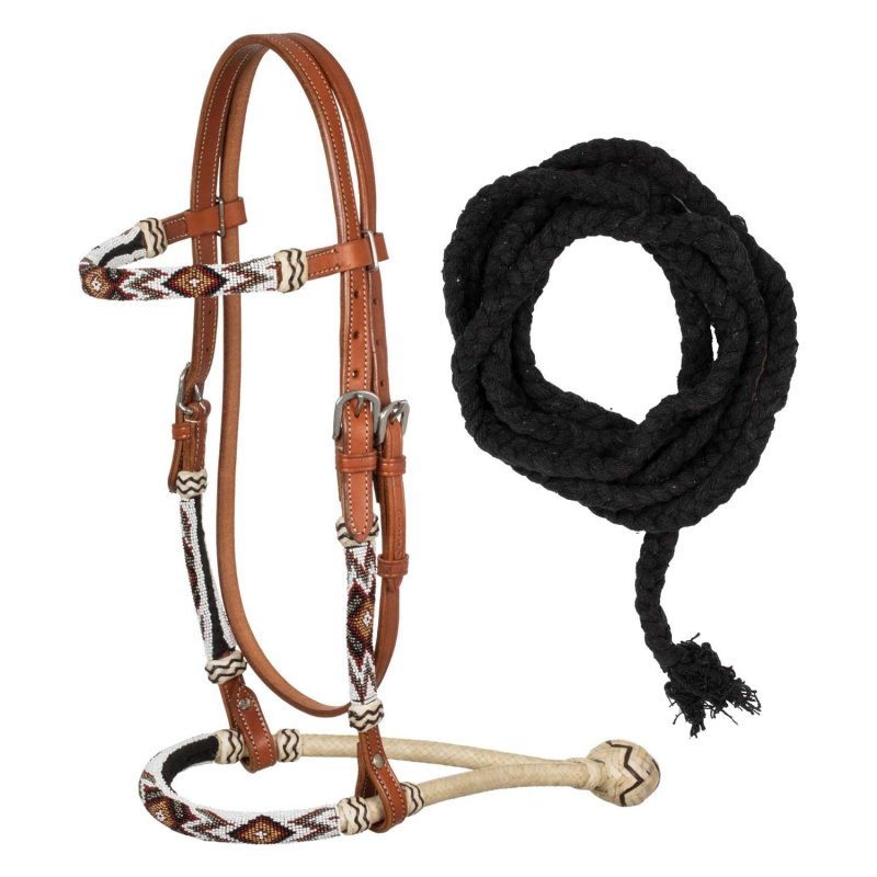 Pool's Equitazione Briglia bosal con decorazioni in perline del sud-ovest e redini mecate in cotone